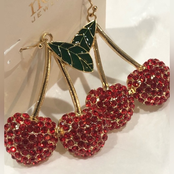Gold tone ruby red gemstone cherry on stem dangling earrings new - Picture 8 of 16